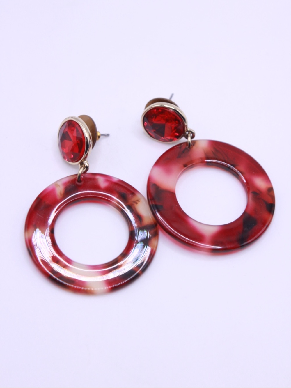 Liz Claiborne Red Tortoiseshell Resin Hoop Drop Earrings with Red Gem Studs